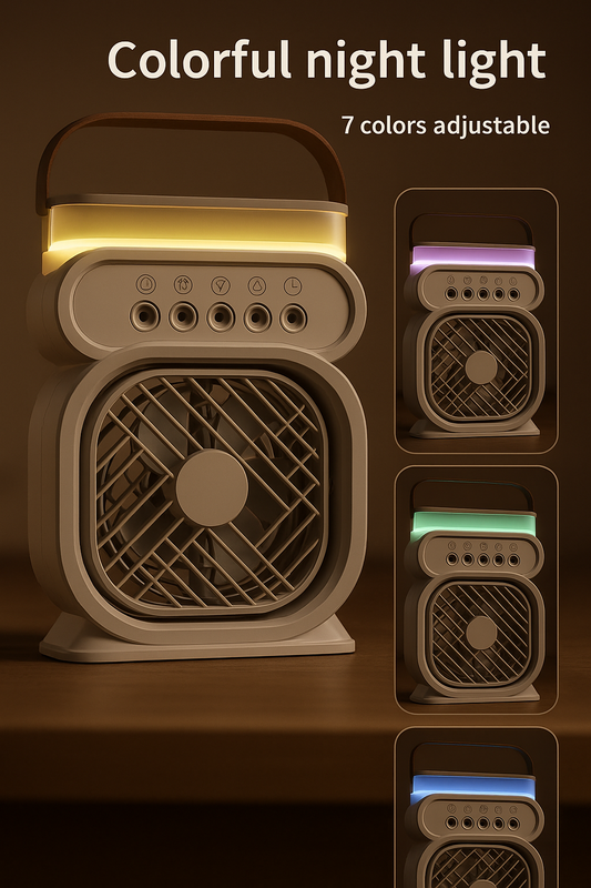 3-in-1 Portable Desk Fan with Humidifier & Night Light – Quiet, USB Rechargeable